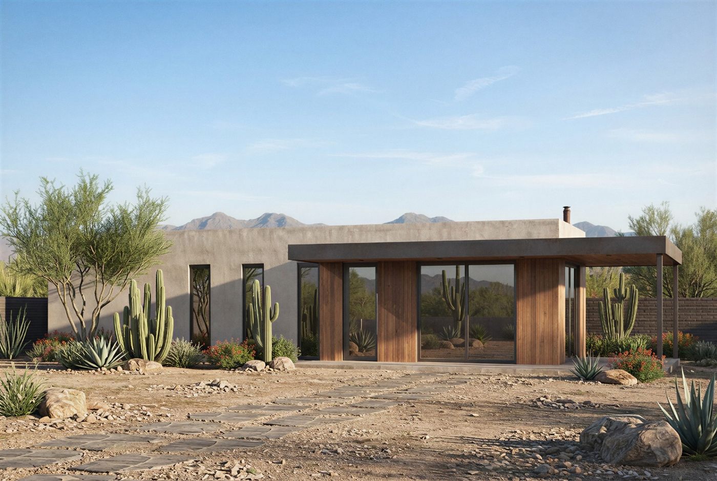Desert-modern casita elevation for a Phoenix ADU permit set