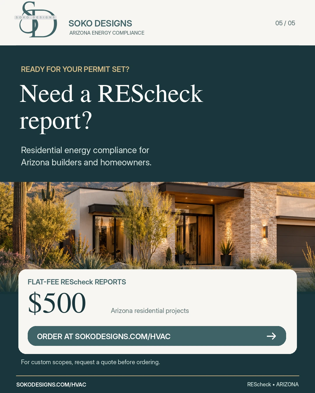 SOKO Designs Arizona REScheck report service advertised at a $500 flat fee, with order link sokodesigns.com/hvac.