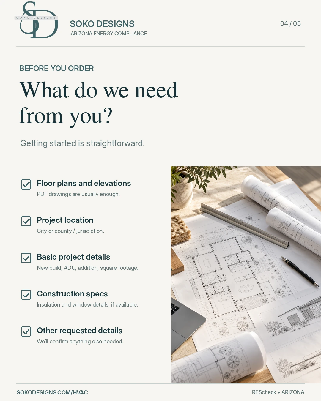 REScheck ordering checklist including floor plans, elevations, jurisdiction, project details and building material specifications.