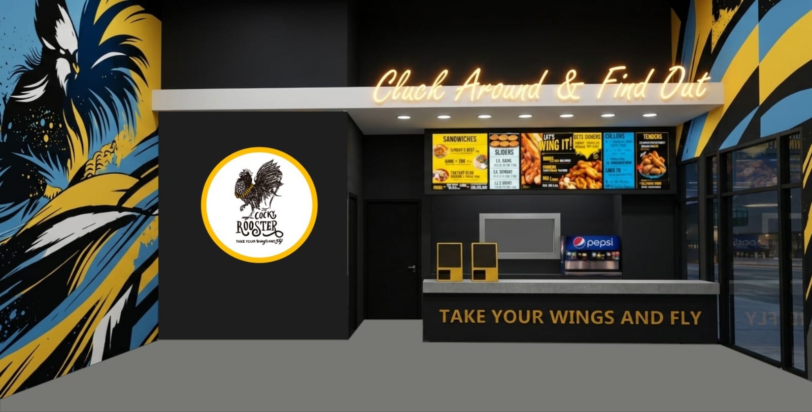 Cocky Rooster quick-service restaurant counter and dining room, designed and permitted by SOKO Designs in Phoenix